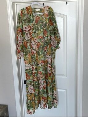 Anthropologie Floral Green Duster Kimono